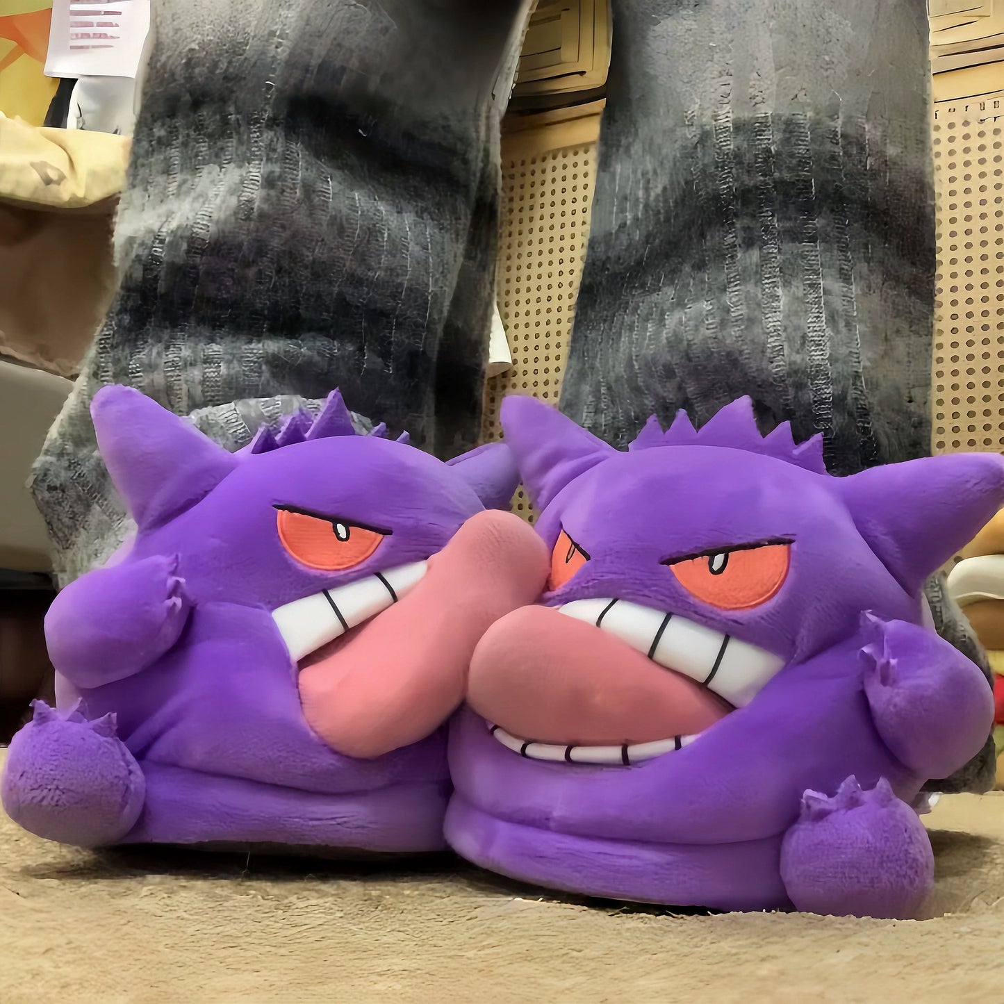 2026 New Tongue Out Design Gengar Pokemon Funny Slippers Cute Cozy Soft Sole Indoor Home Couple Winter Warm Plush Toy