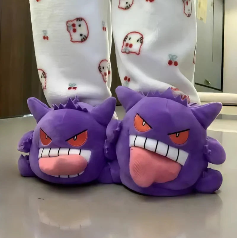 2026 New Tongue Out Design Gengar Pokemon Funny Slippers Cute Cozy Soft Sole Indoor Home Couple Winter Warm Plush Toy